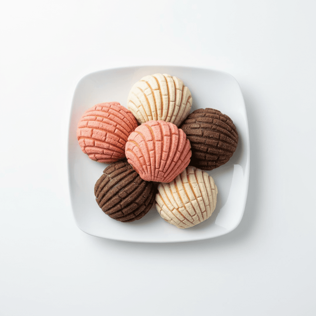 Five conchas on a white plate — vanilla, chocolate and rosa, seen from above