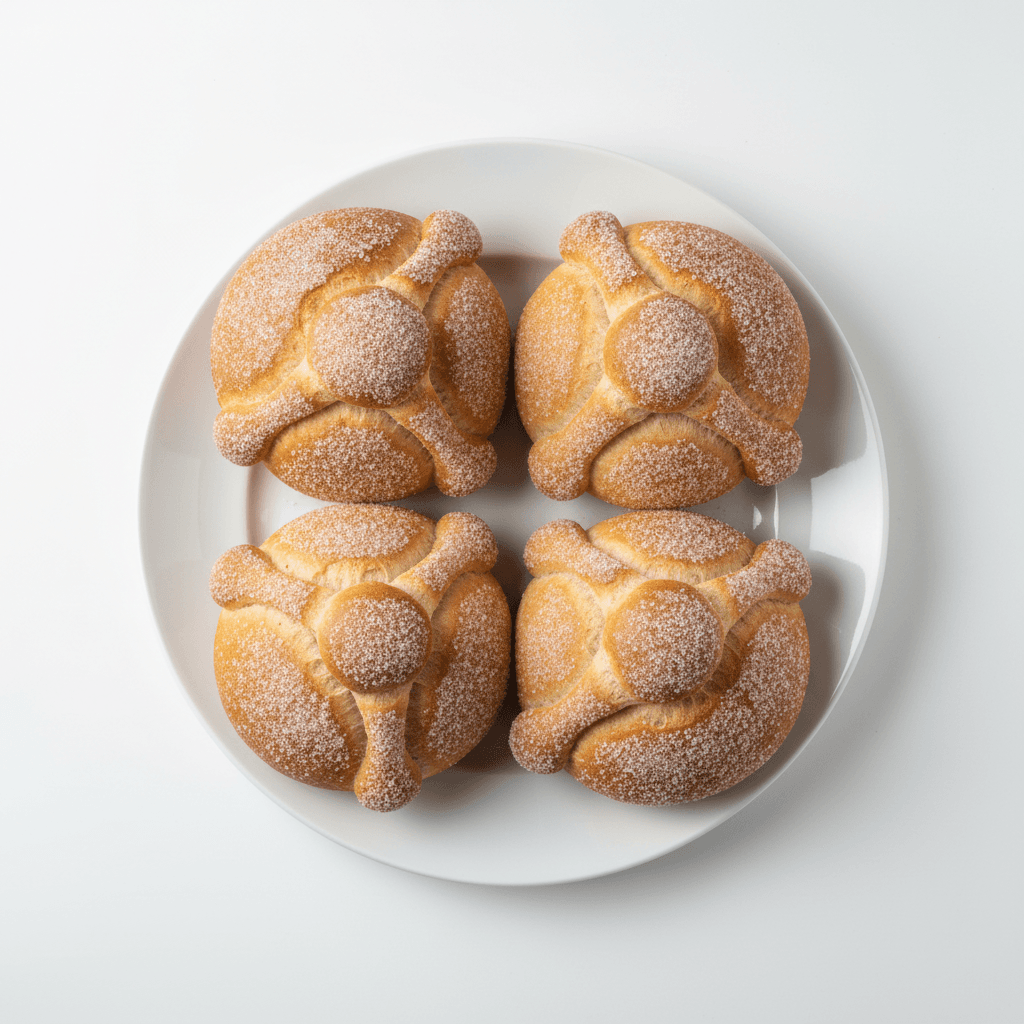 Four loaves of pan de muerto on a white plate, each with bone shapes across the top and a sugar-dusted crust, seen from above